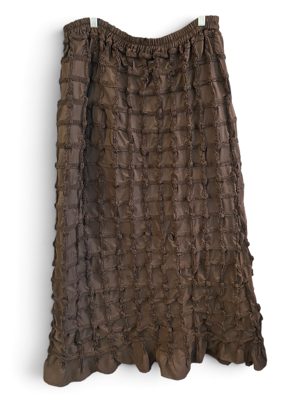 An Ren Puckered Smocked Textured Brown Maxi Skirt with Elastic Waist XL